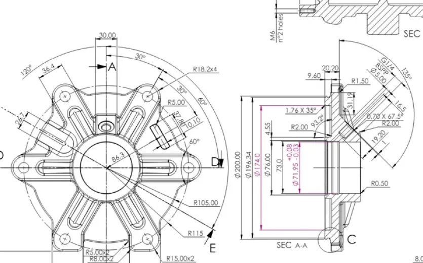 Casting part. 2D Manufacturing drawing from 3D scan